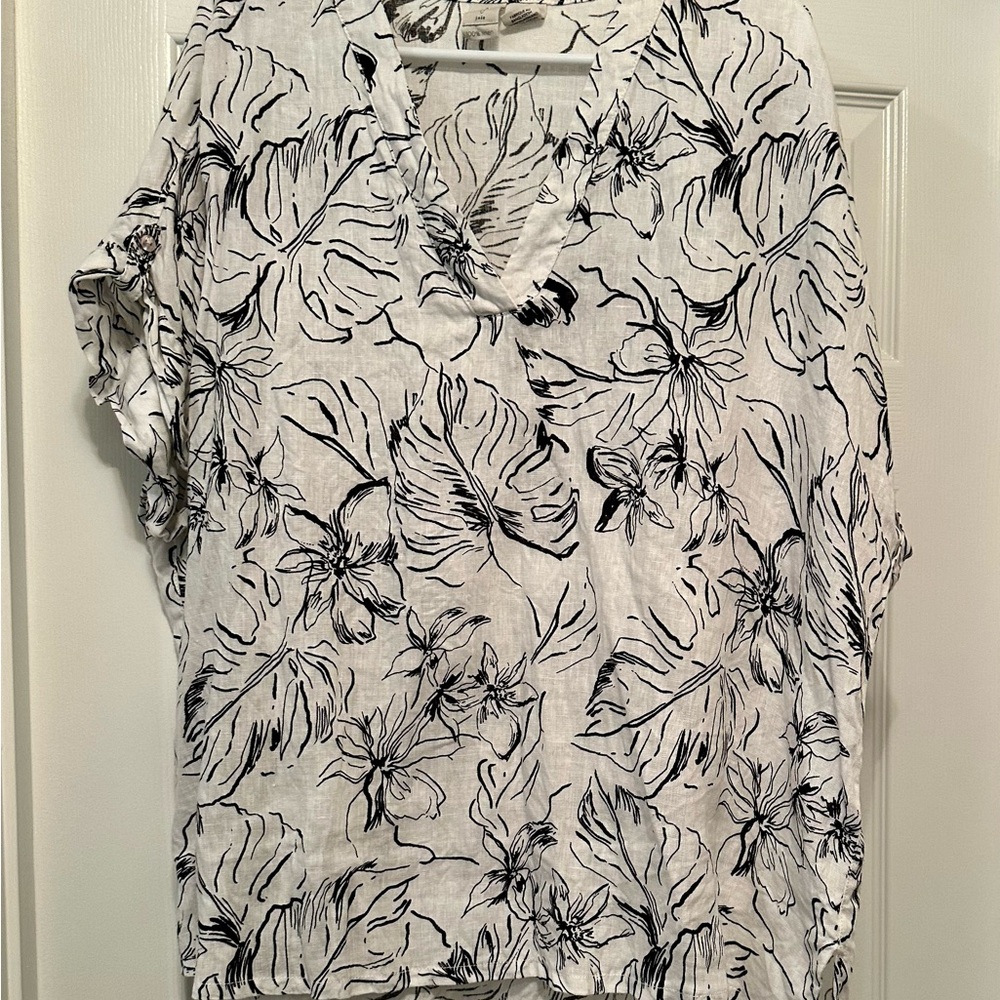 Joie Black and White Floral Linen Blouse